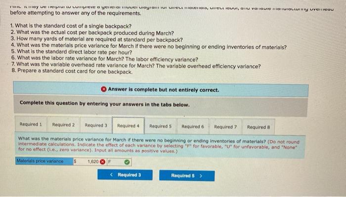 relating to a single backpack are given below: Standard Quantity Standard Price
