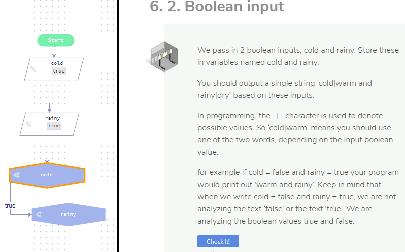 Need help with creating the correct flode chart 6. 2. Boolean input