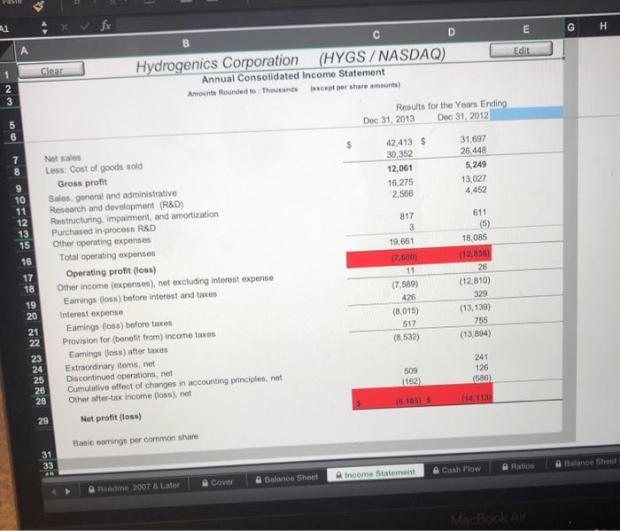 input the data from the income state- ment included for Hydrogenics in