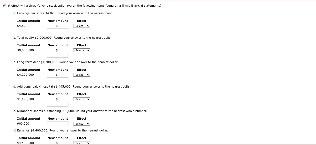  What effect will a three-for-one stock split have on the following