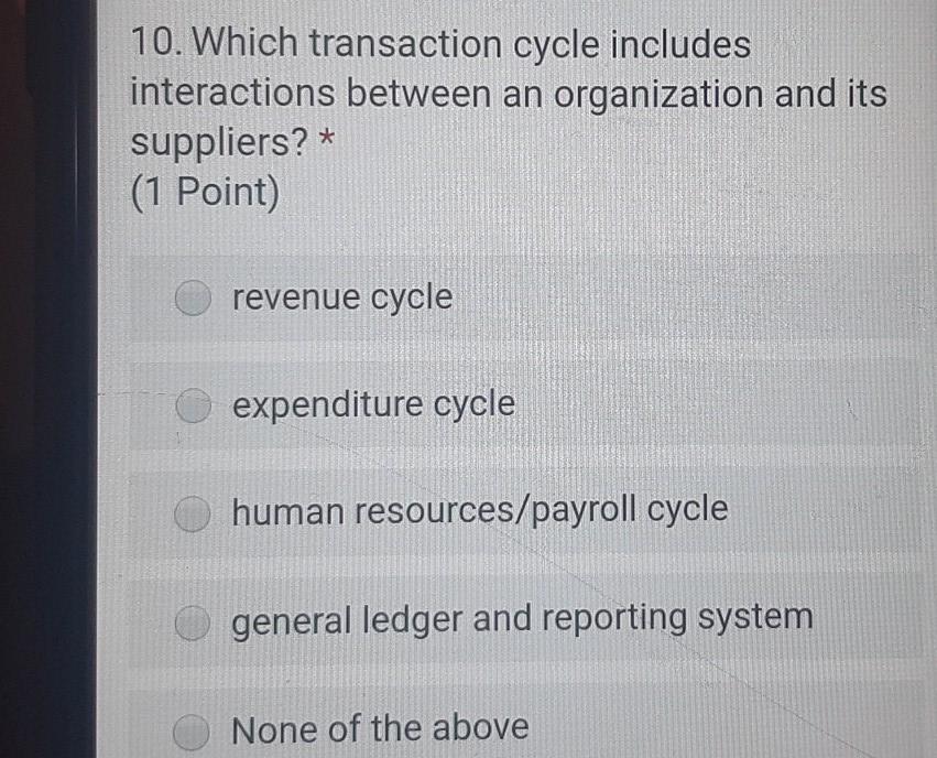 10. Which transaction cycle includes interactions between an organization and its
