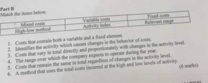 Part B Match the items below Mixed costs Variable costs Activity
