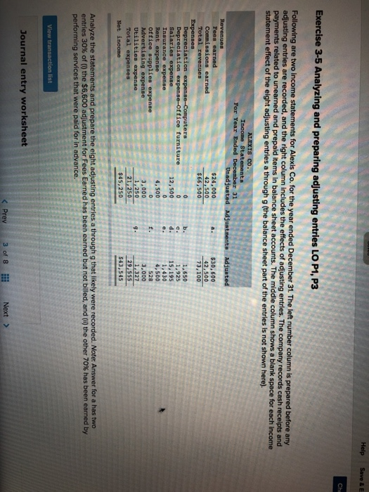  Help Save & E Exercise 3-5 Analyzing and preparing adjusting entries