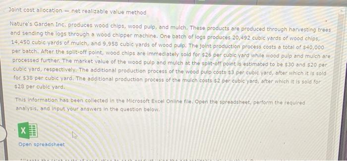  Joint cost allocation - net realizable value method Nature's Garden Inc,