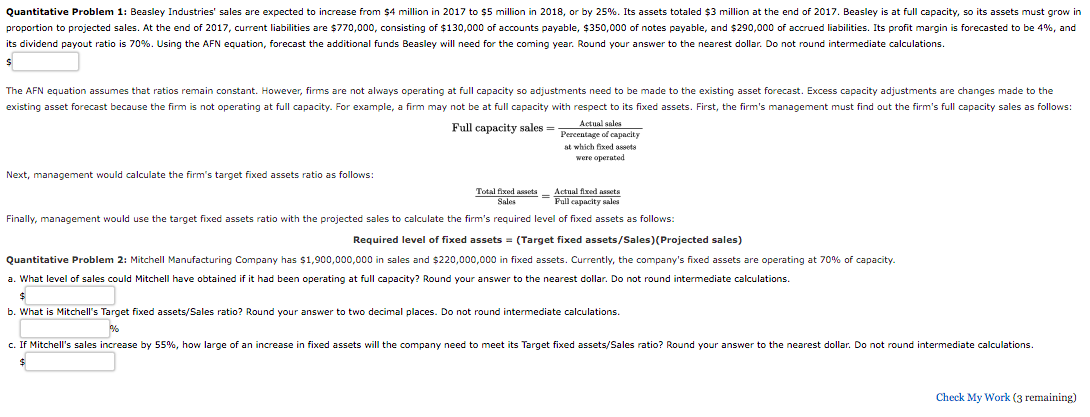 Quantitative Problem 1: Beasley Industries' sales are expected to increase from