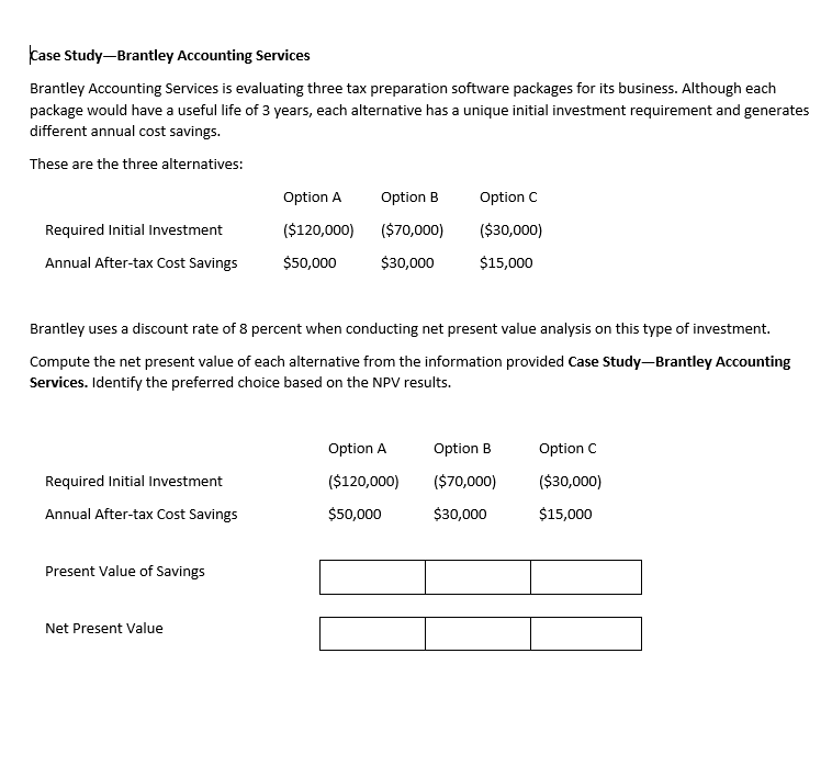 undefined Case Study-Brantley Accounting Services Brantley Accounting Services is evaluating three tax
