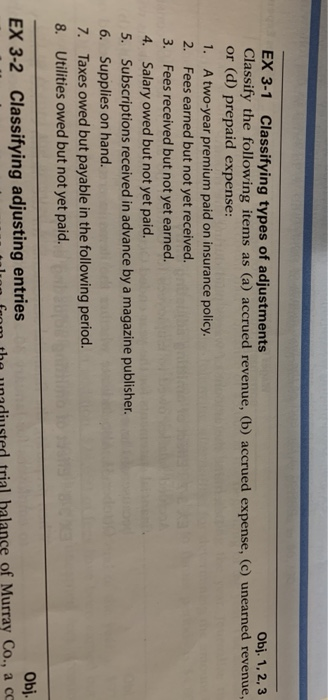  EX 3-1 Classifying types of adjustments Obj. 1,2,3 Classify the following