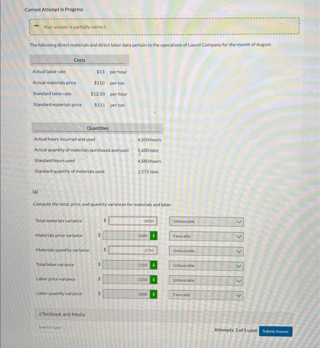  Current Attempt in Progress The following direct materials and direct labor
