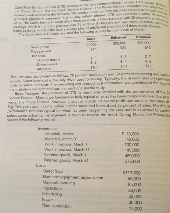  Cable Tech Bell (CTB) operates in the telecommunications industry. te CTB