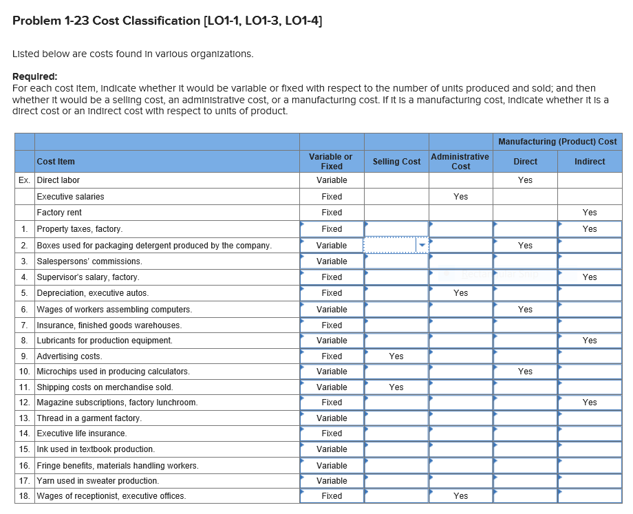  Problem 1-23 Cost Classification [LO1-1, LO1-3, L01-4] Listed below are costs
