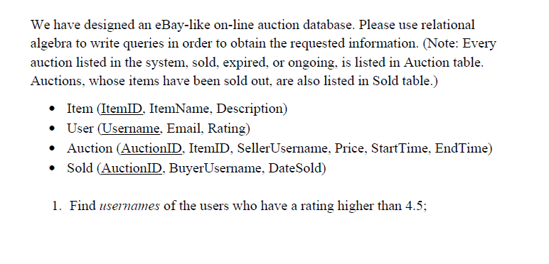 We have designed an eBay-like on-line auction database. Please use relational