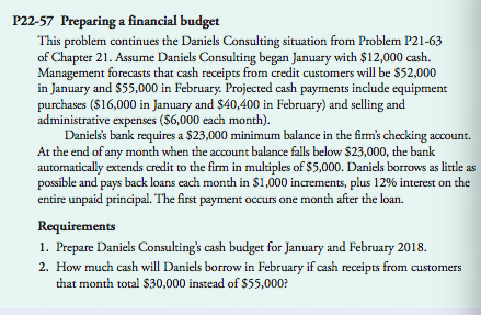 122-57 Preparing a financial budget This problem continues the Daniels Consulting