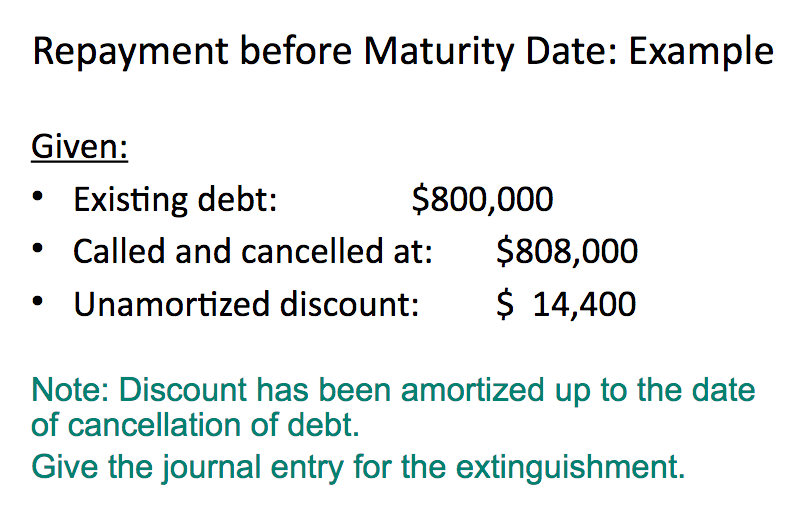  Repayment before Maturity Date: Example Given: Existing debt: $800,000 Called and