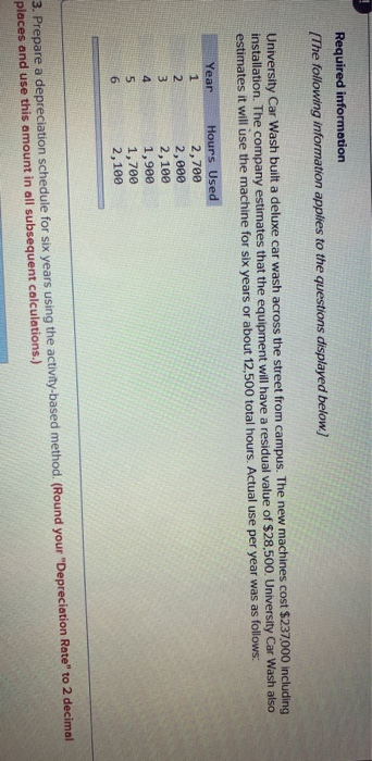  3. Prepare a depreciation schedule for six years using the activity-based