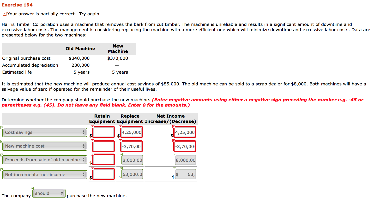 k Exercise 194 Your answer is partially correct. Try again. Harris Timber