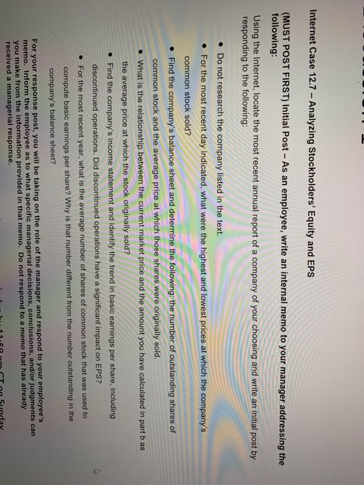  Internet Case 12.7 - Analyzing Stockholders' Equity and EPS (MUST POST