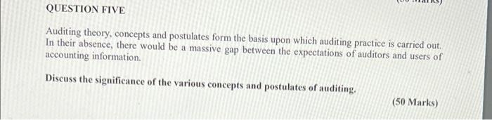  QUESTION FIVE Auditing theory, concepts and postulates form the basis upon