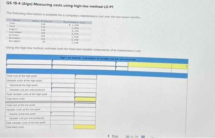  QS 184 (Algo) Measuring costs using high-low method LO P1 The