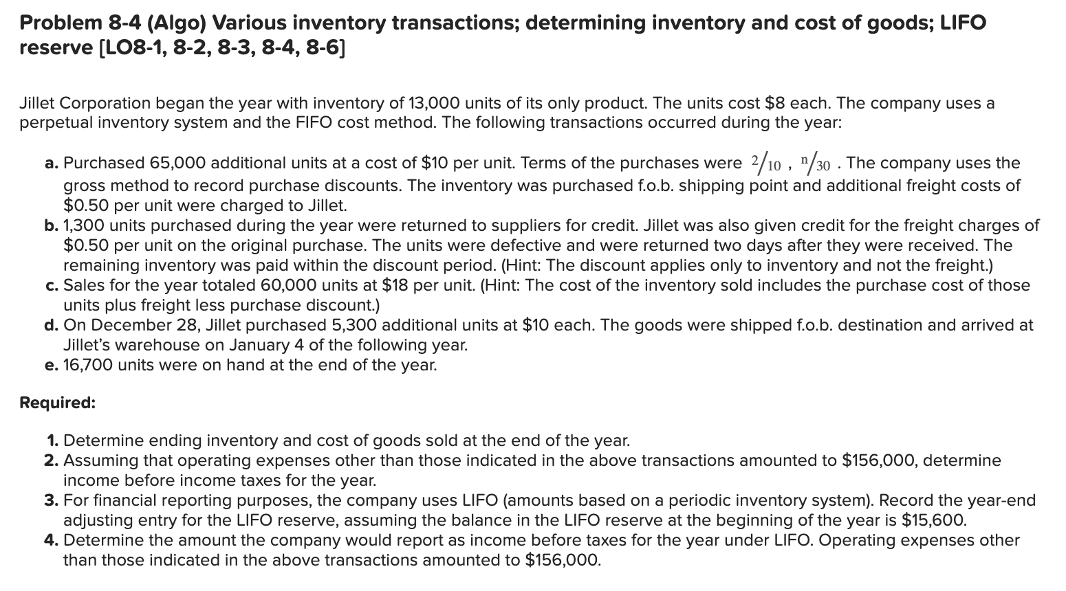  Problem 8-4(Algo) Various inventory transactions; determining inventory and cost of goods;