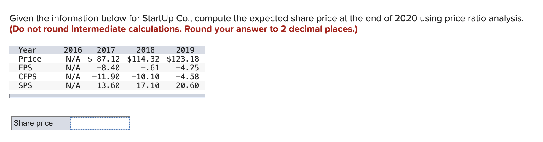  Given the information below for StartUp Co., compute the expected share