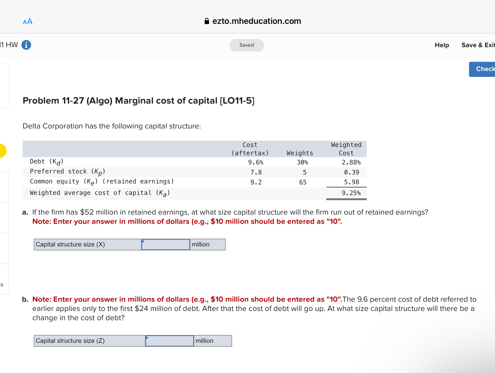  Problem 11-27(Algo) Marginal cost of capital [LO11-5] Delta Corporation has the