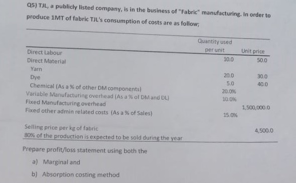  Note : Please provide answer with workings Q5) TJL, a publicly