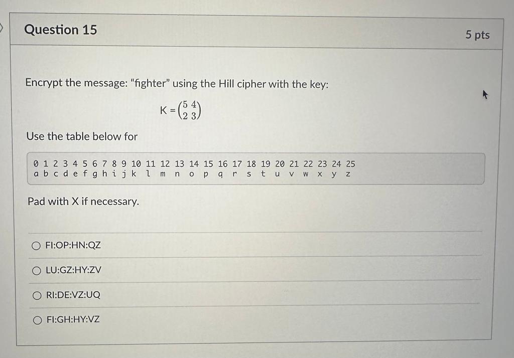  Encrypt the message: "fighter" using the Hill cipher with the key: