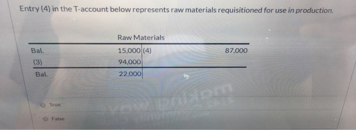  Entry (4) in the T-account below represents raw materials requisitioned for