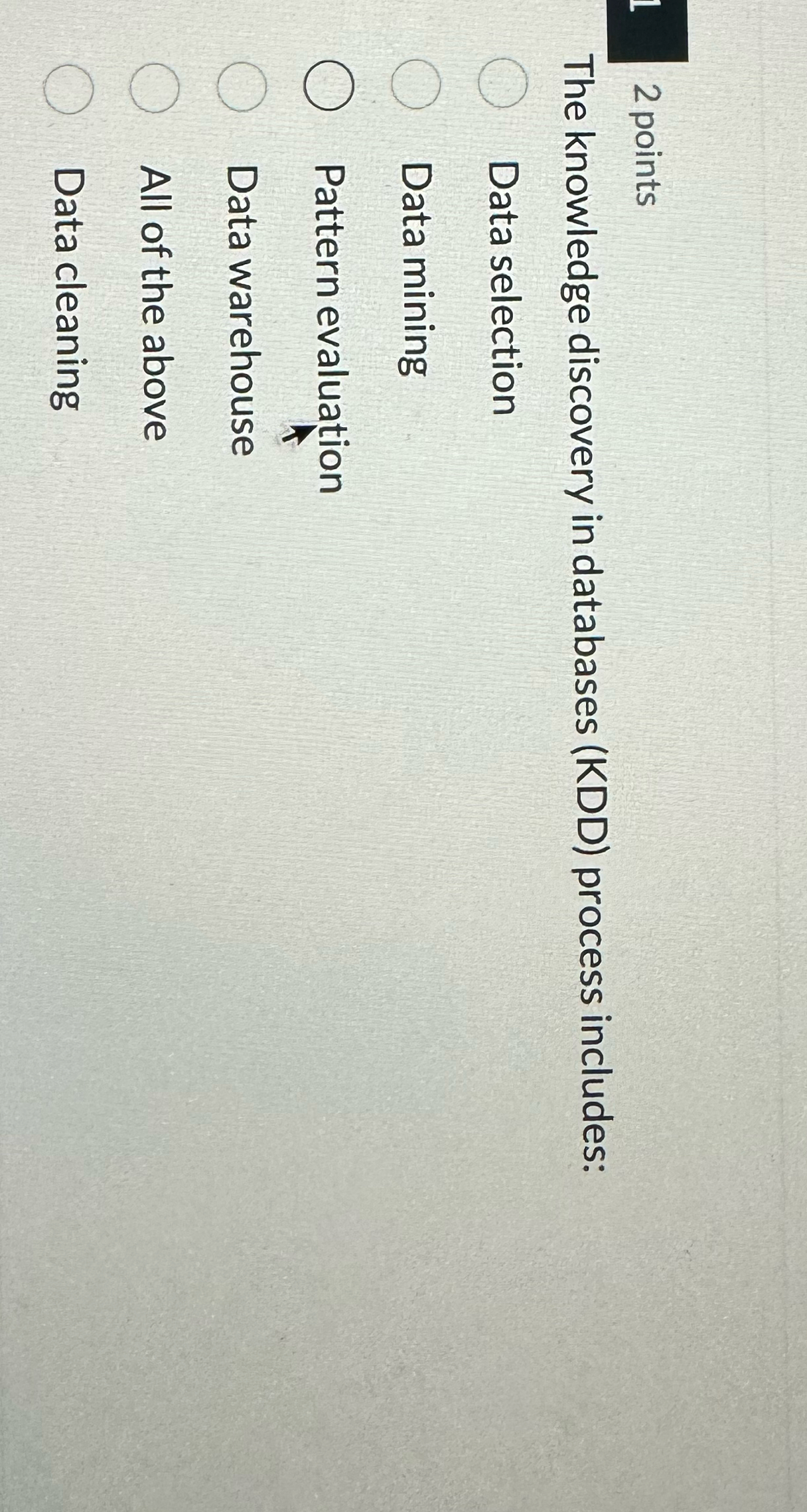  2 points The knowledge discovery in databases (KDD) process includes: Data