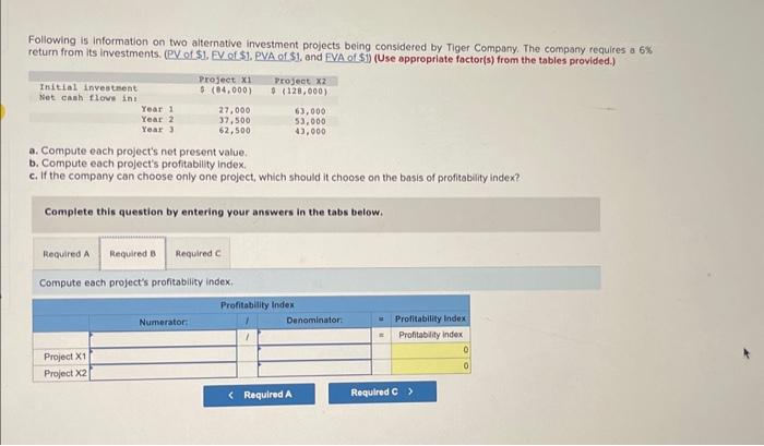 on two alternative investment projects being considered by Tiger Company. The company