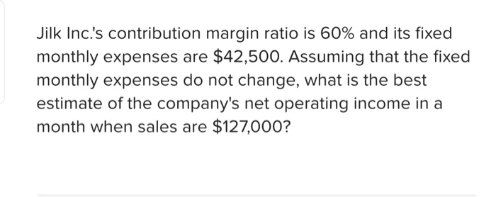  Jilk Inc.'s contribution margin ratio is 60% and its fixed monthly
