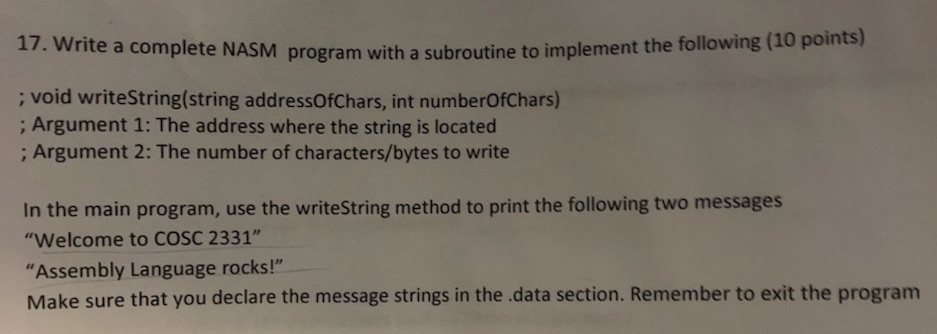 17. Write a complete NASM program with a subroutine to implement