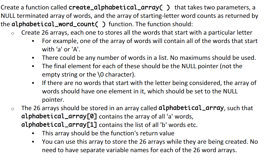C programming language Create a function called create_alphabetical_array() that takes two parameters,