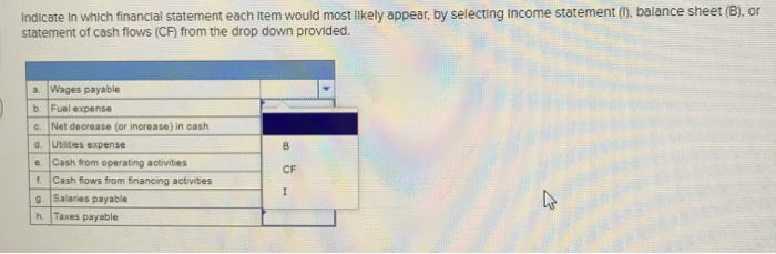  Indicate in which financial statement each item would most likely appear,