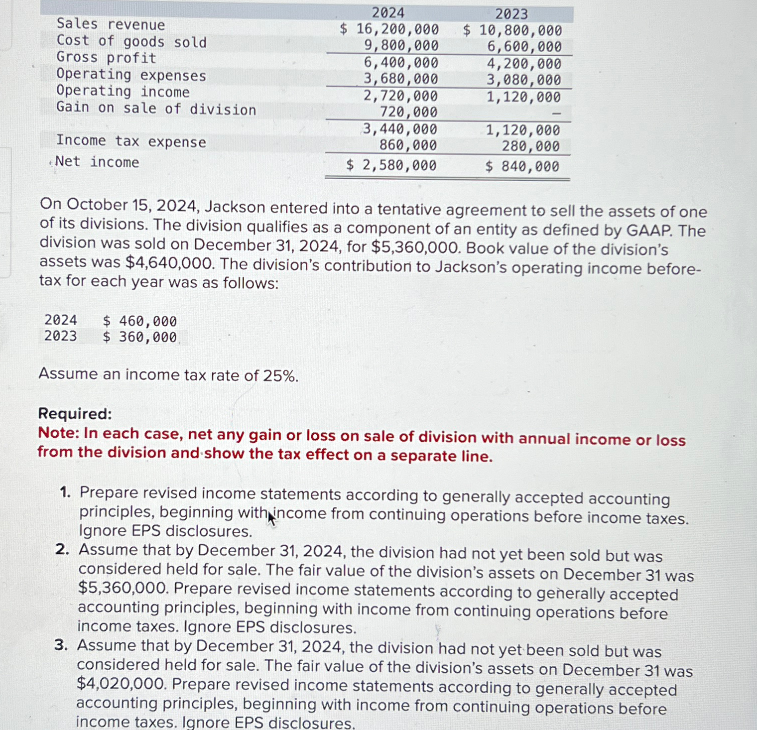  \table[[Sales revenue,2024,2023],[Cost of goods sold,16,200,000,$10,800,000 