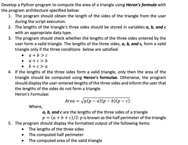  evelop a Python program to compute the area of a triangle