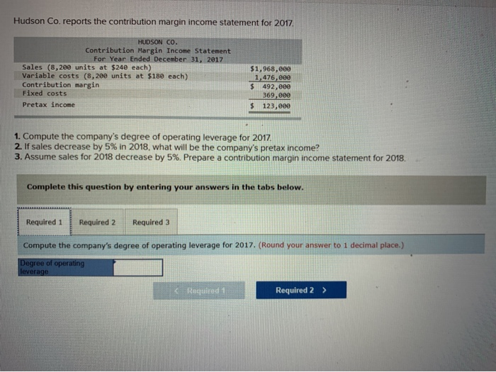  Hudson Co. reports the contribution margin income statement for 2017 HUDSON