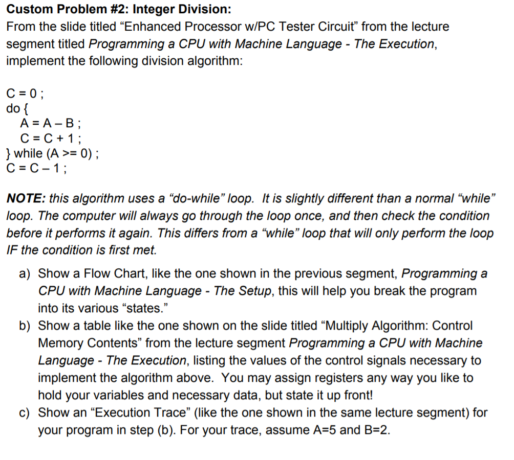  Custom Problem #2: Integer Division: From the slide titled "Enhanced Processor