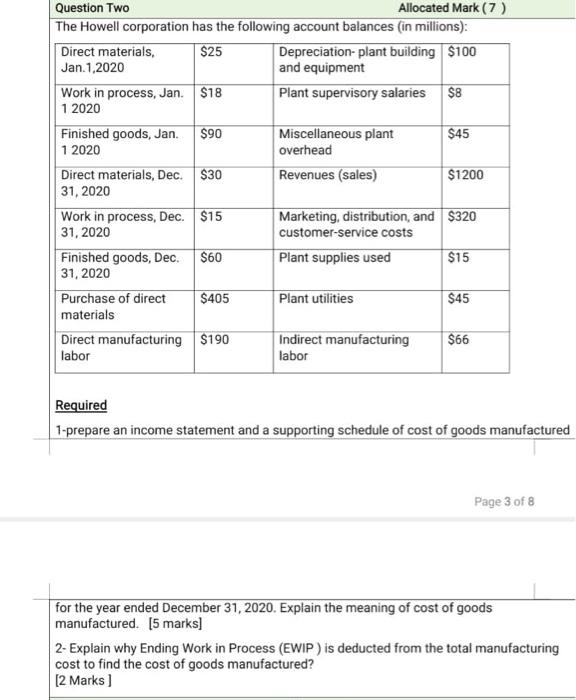  Question Two Allocated Mark ( 7 ) The Howell corporation has