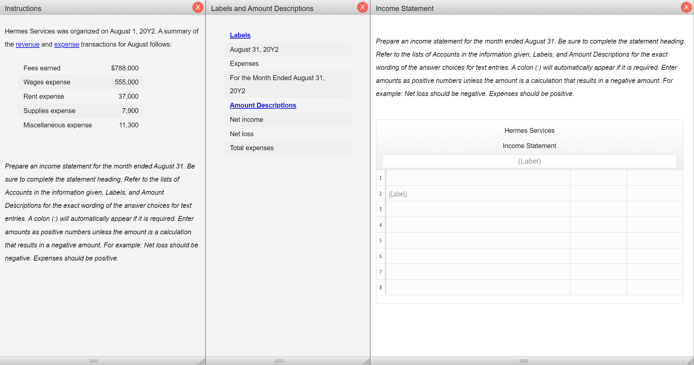 Instructions Labels and Amount Descriptions Income Statement Hermes Services was organized on