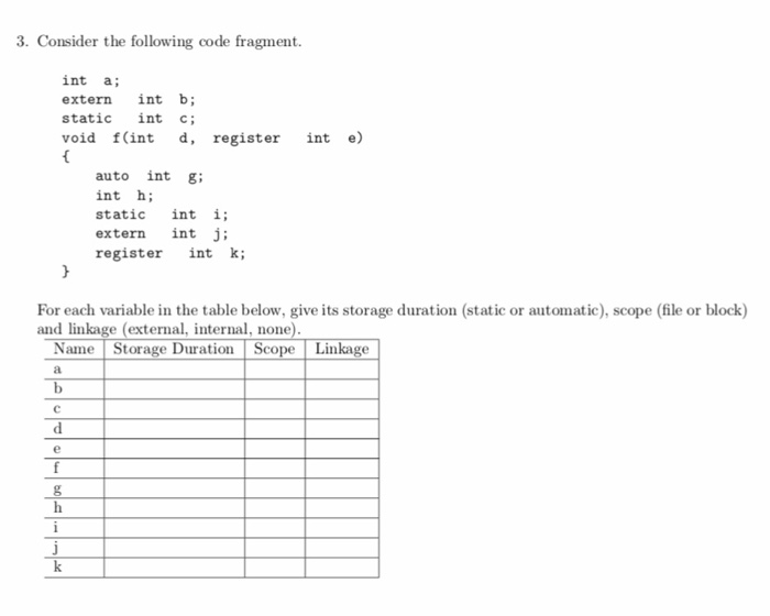  3. Consider the following code fragment. int a; extern int b;