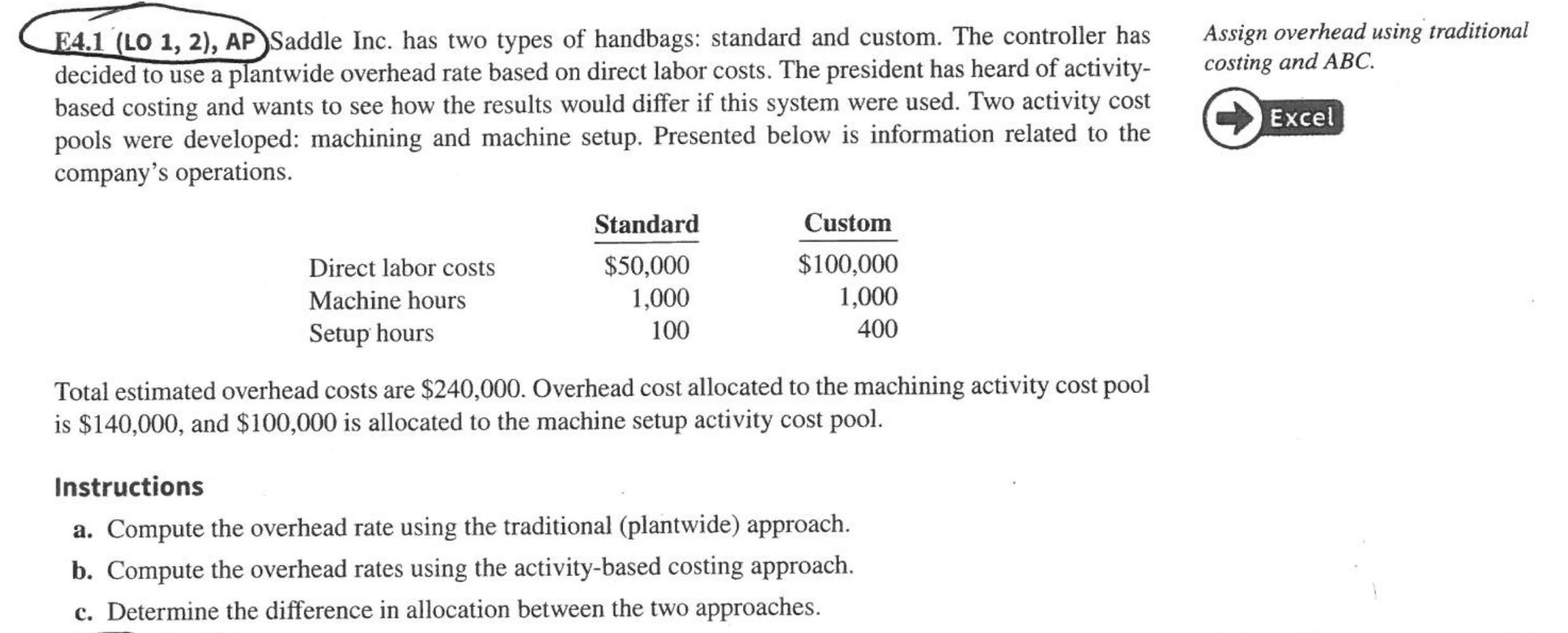  Assign overhead using traditional costing and ABC E4.1 (LO 1, 2),