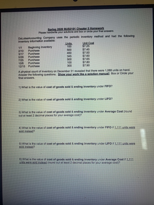  Spring 2020 BUS2101 Chapter 5 Homework Please handwrite your solutions and