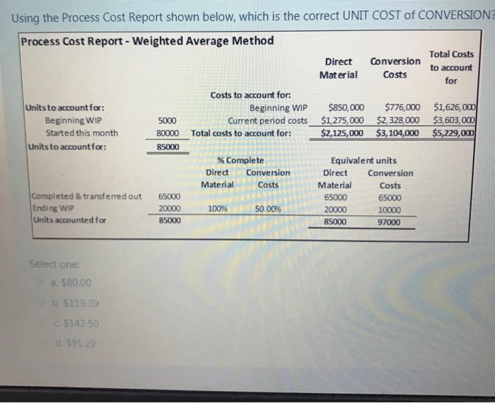  Using the Process Cost Report shown below, which is the correct