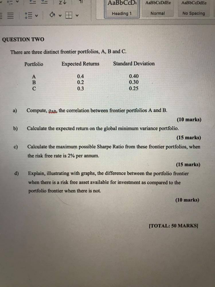  Compute, AB, the correlation between frontier portfolios A and B. Calculate
