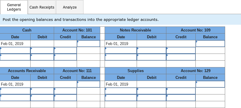 for February and the general ledger accounts used to record these transactions
