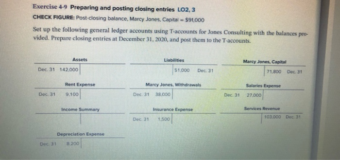  Exercise 4.9 Preparing and posting closing entries L02,3 CHECK FIGURE: Post-closing