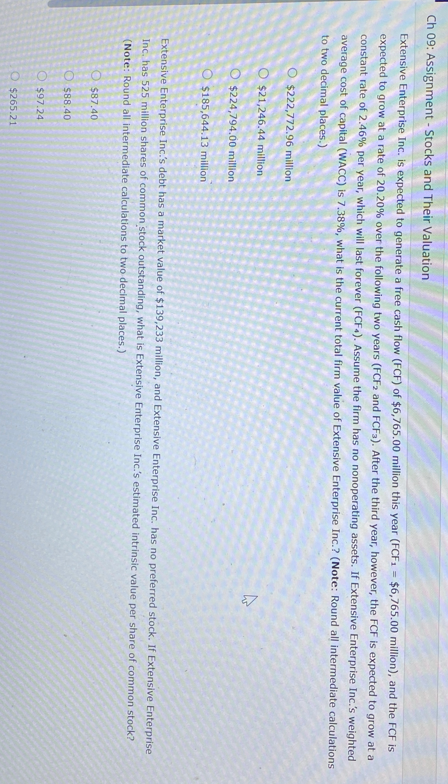  Ch 09: Assignment - Stocks and Their Valuation Extensive Enterprise Inc.