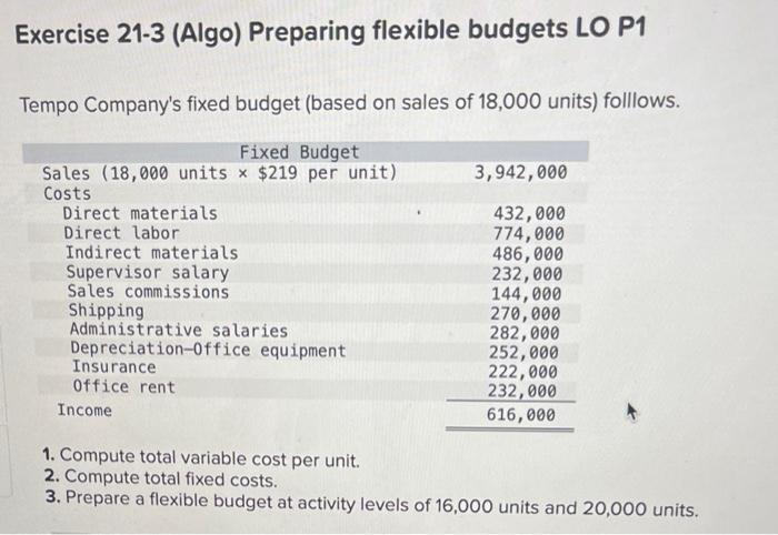 question #1 Exercise 21-3 (Algo) Preparing flexible budgets LO P1 Tempo Company's
