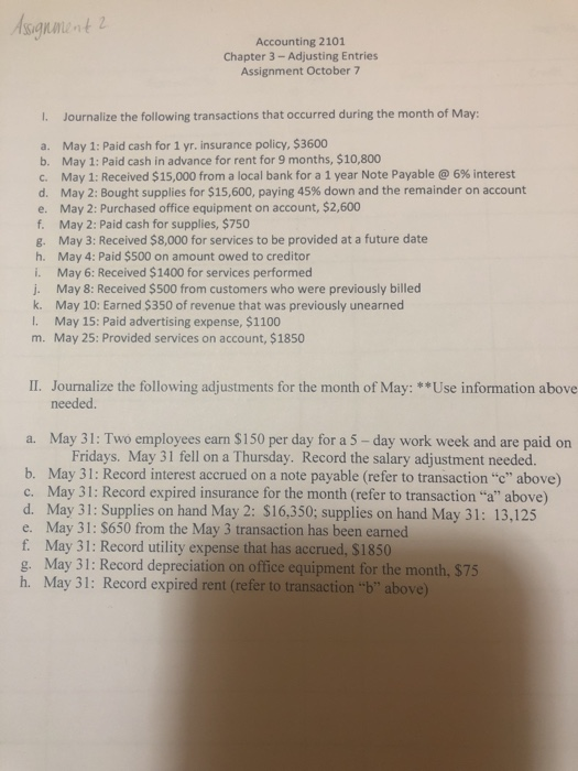  Assignment 2 Accounting 2101 Chapter 3 - Adjusting Entries Assignment October